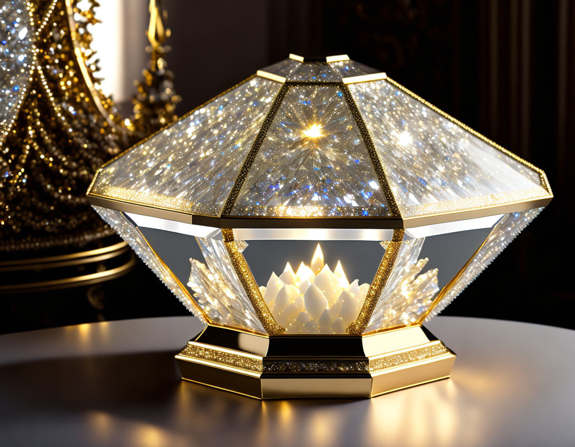 Diamond-shaped Lantern with Glowing Lights and Gold Accents on Blurred Background