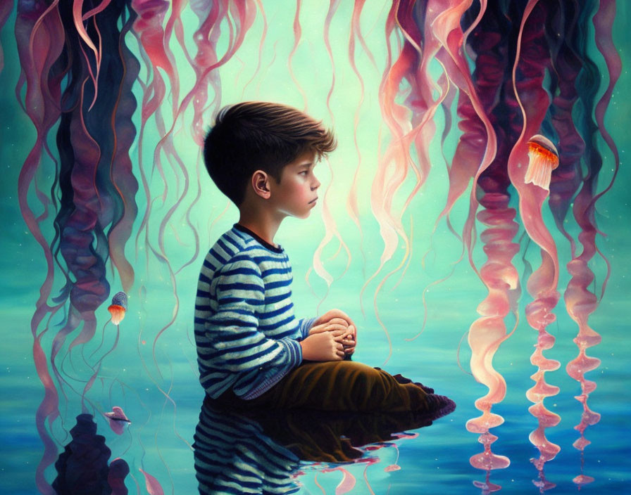 Levitating boy surrounded by colorful jellyfish in underwater scene