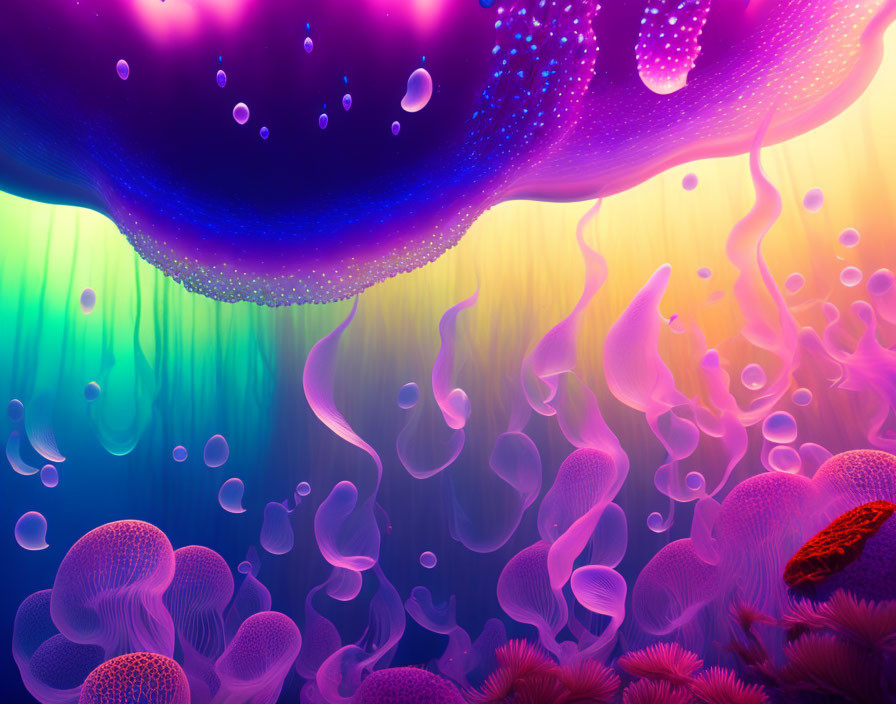 Colorful underwater scene with purple jellyfish, glowing particles, and vibrant coral reef