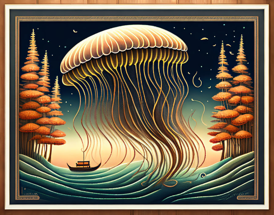 Surreal artwork: giant jellyfish, boat, pine trees, starry sky