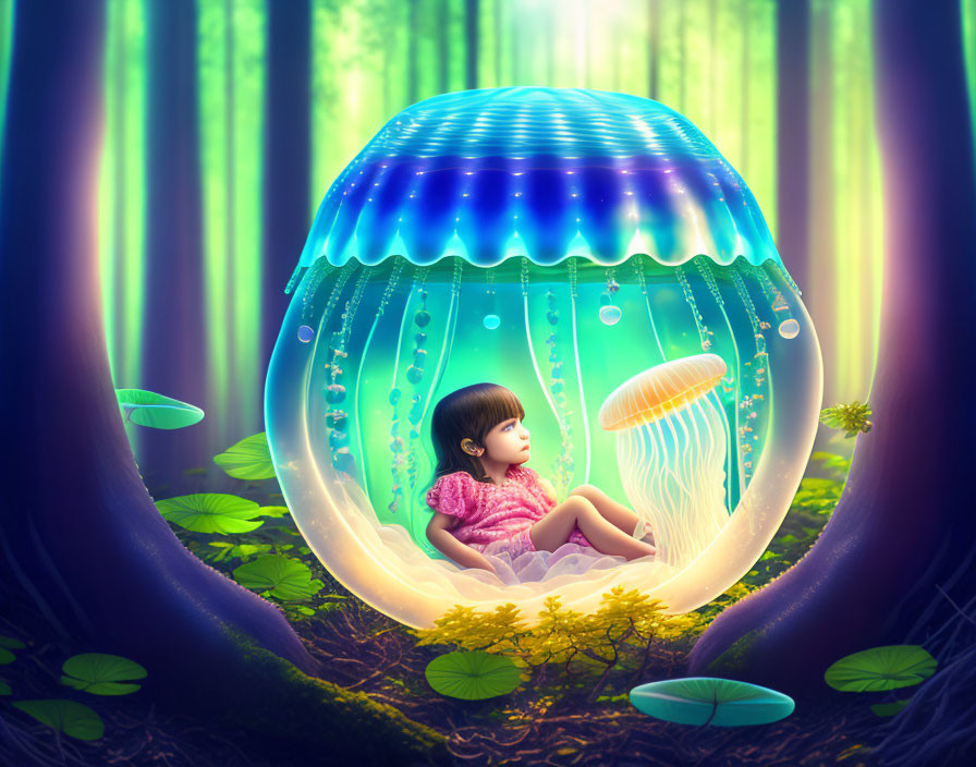 Girl in luminous jellyfish bubble surrounded by mystical forest and vibrant foliage