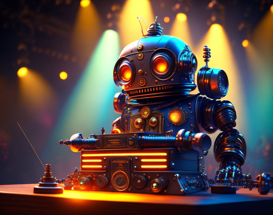 Intricate Retro-Styled Robot Under Colorful Stage Lighting