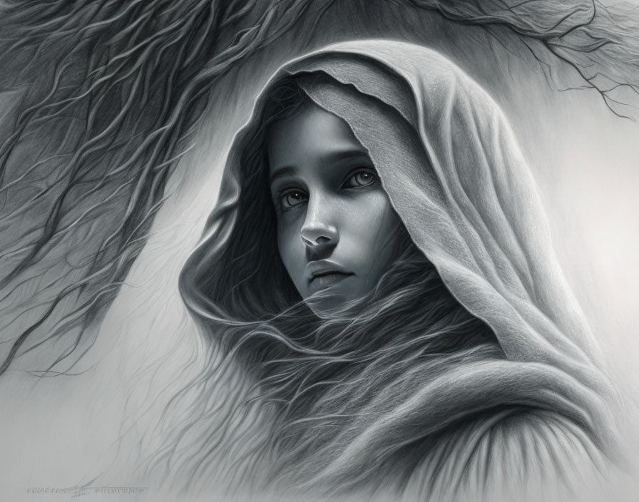 Monochrome Artwork: Young Woman in Hooded Cloak with Captivating Eyes