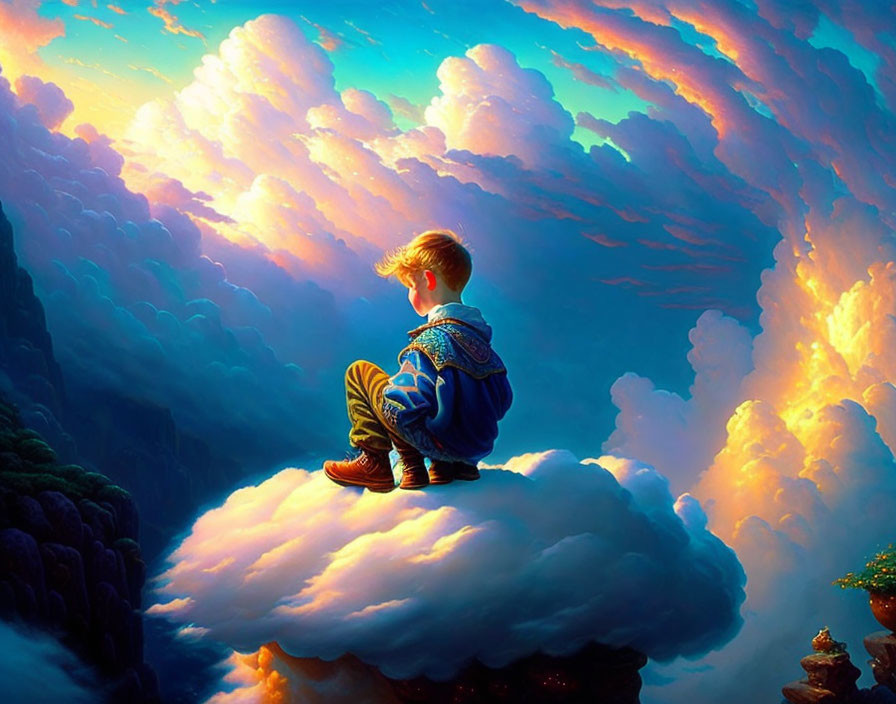 Boy sitting on cloud gazes at golden sunlit sky and surreal landscape.