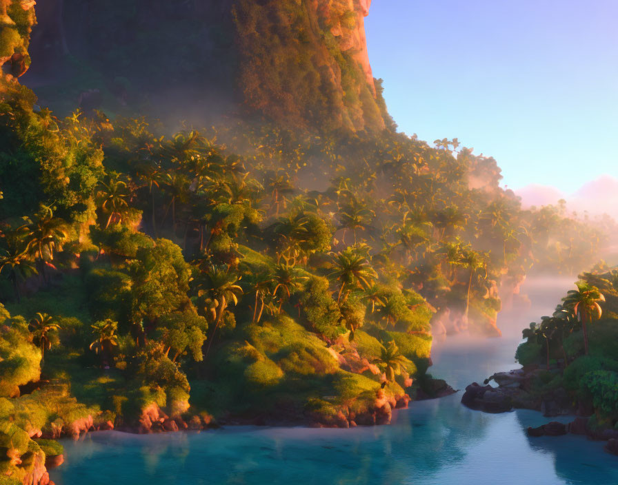 Tropical jungle with cliffs, palm trees, river in misty sunrise