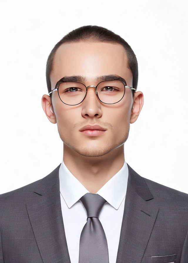 Businessman in Gray Suit and Glasses on White Background