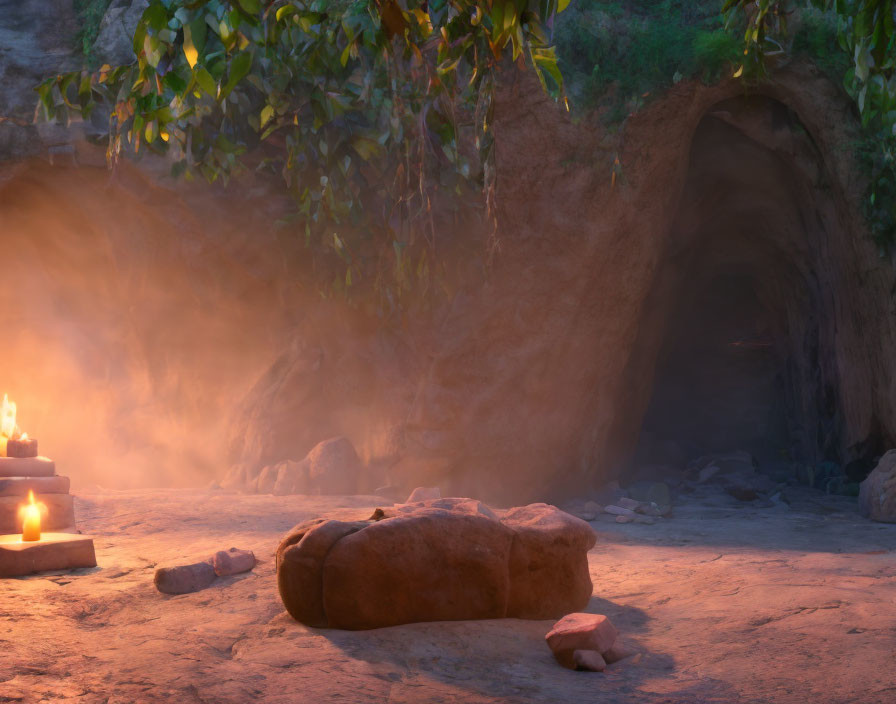 Mystical cave entrance with candles, rocky foreground, and tree canopy