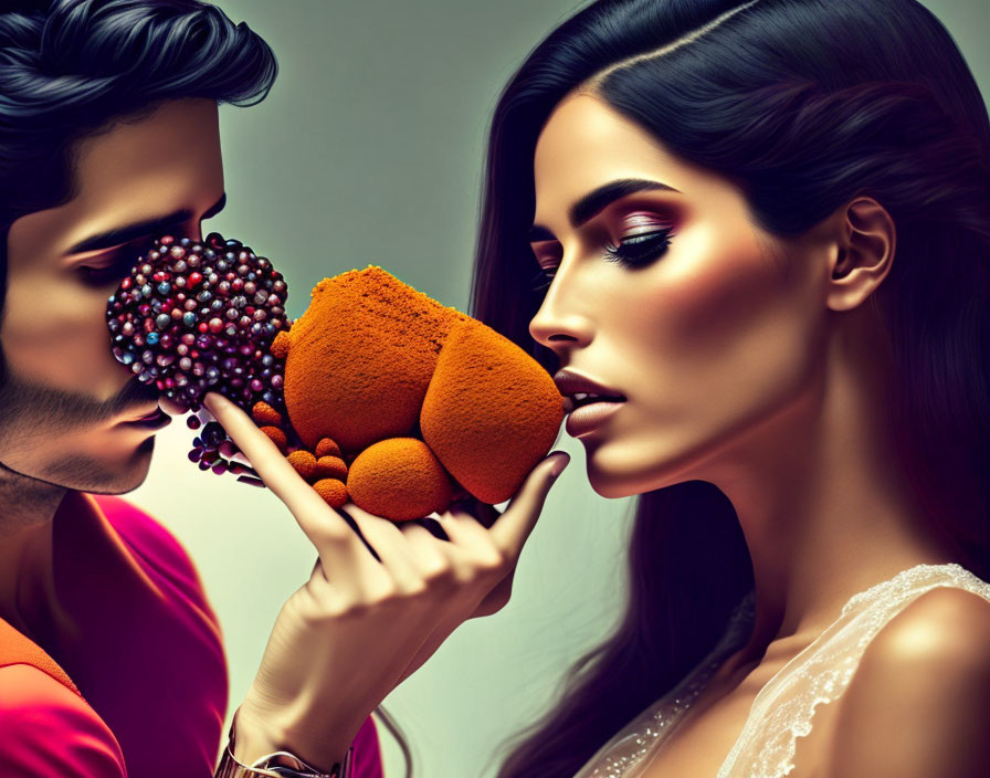 Digitally altered image featuring stylized man and woman with colorful textured spheres on their noses.