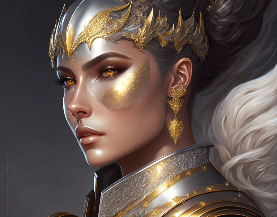 Digital artwork: Woman with gold filigree, piercing eyes, and ornate armor.