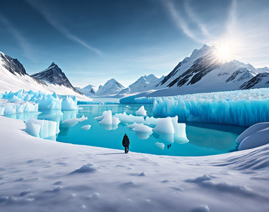 Serene scene of person by turquoise glacial lake surrounded by icebergs and mountains