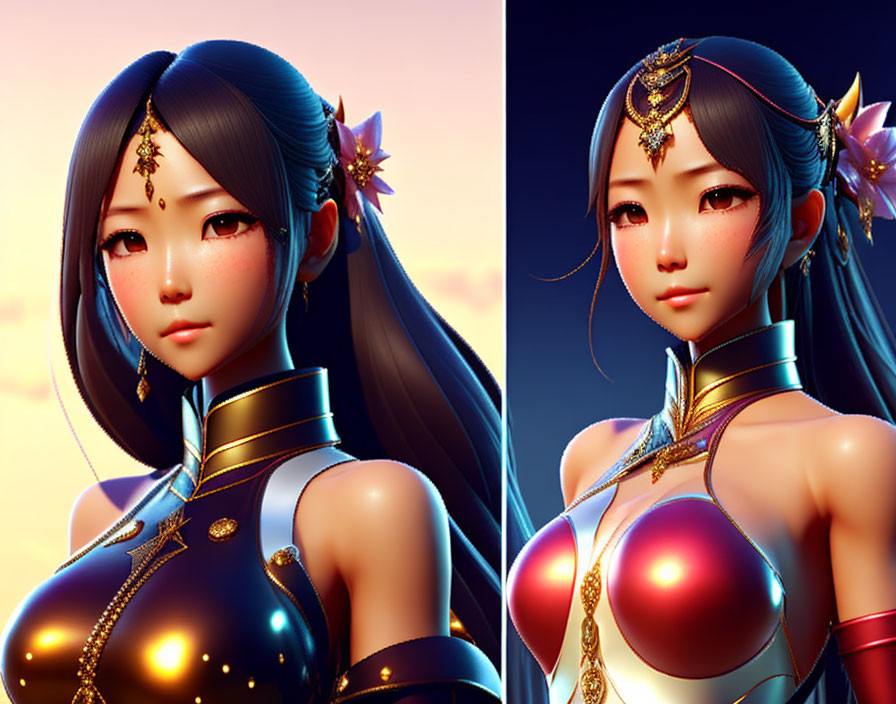 Digital artwork: Female character in gold attire, blue and red colors, with black hair and flower accessory