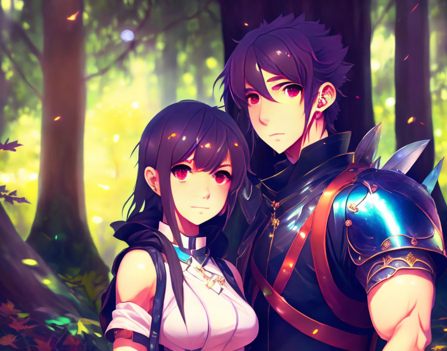 Animated characters: female with black hair and male in armor, standing in forest with sunlight.