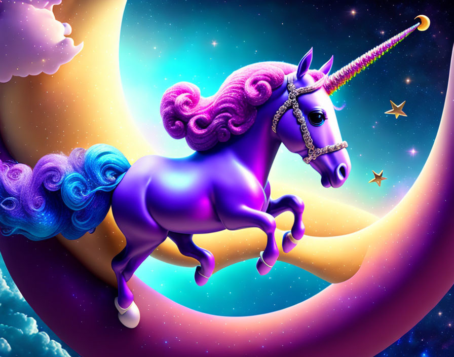 Colorful Unicorn Illustration with Pink Mane Galloping on Crescent Moon