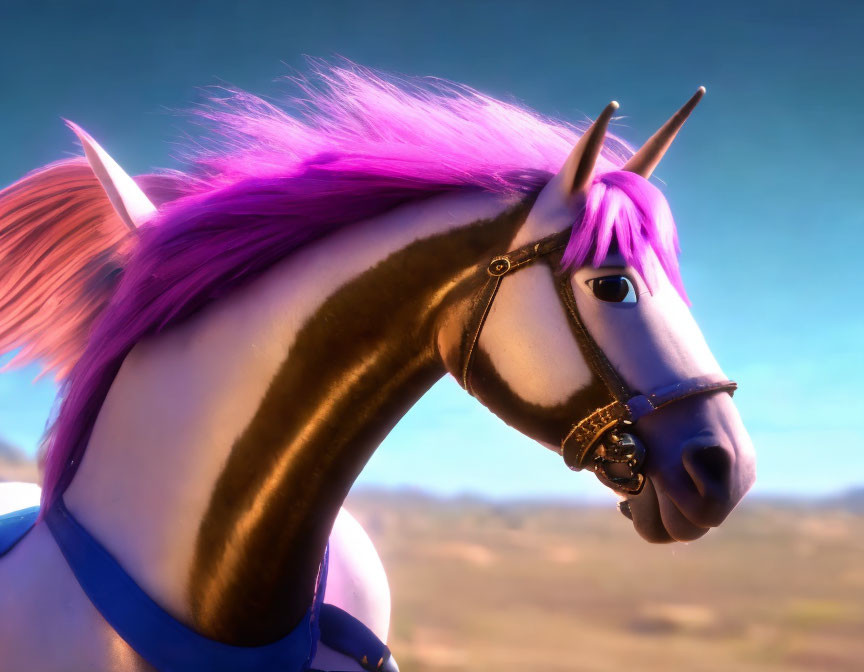 Shiny purple-maned unicorn in 3D animation