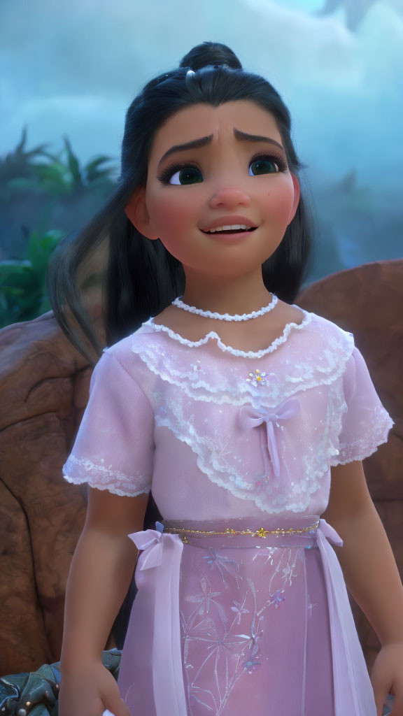 Young animated girl in pink dress with joyful expression.