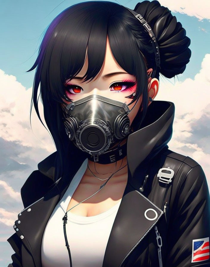 Anime-style Female Character with Black Hair, Gas Mask, Black Jacket, White Shirt, Sky Background