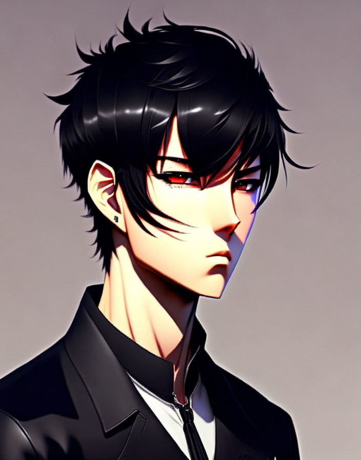 Anime-inspired male character with black hair and red glowing eyes in a stylized digital portrait.