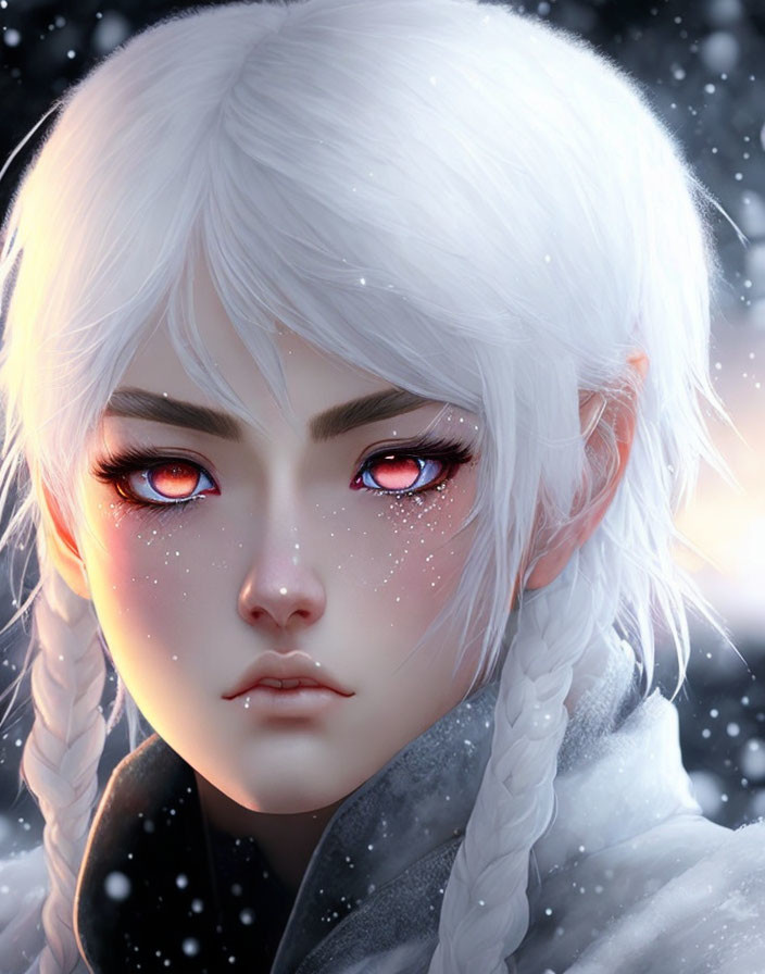 Digital artwork of person with pale skin, white hair, red eyes in snowy scene