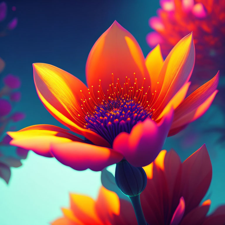 Colorful Lotus Flower Digital Illustration on Teal Background