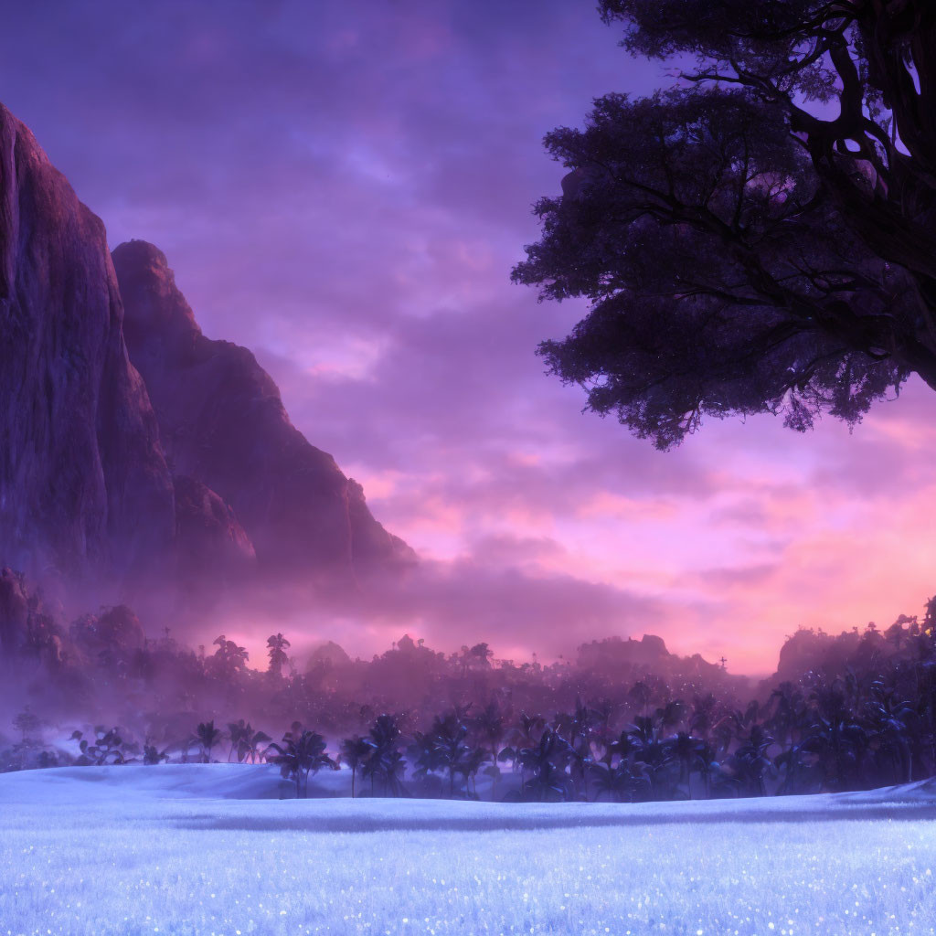 Serene landscape with glowing fields, lush trees, rugged mountains, purple dusk sky