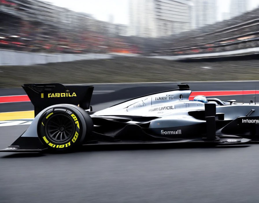 Sleek Formula 1 car on track with aerodynamic design and Pirelli tires