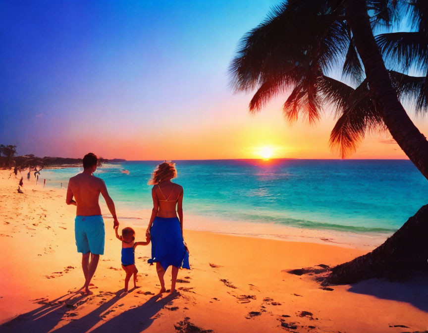 Family walking on beach at sunset with palm trees and calm sea