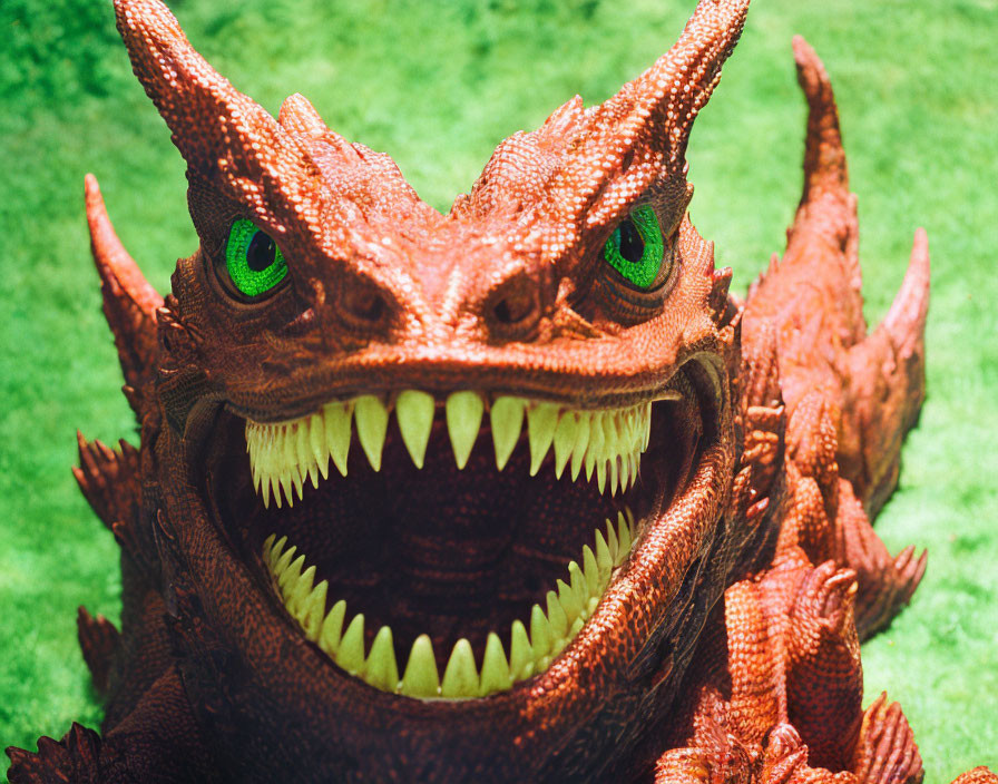 Detailed Red Dragon Model with Sharp Teeth and Green Eyes on Green Background