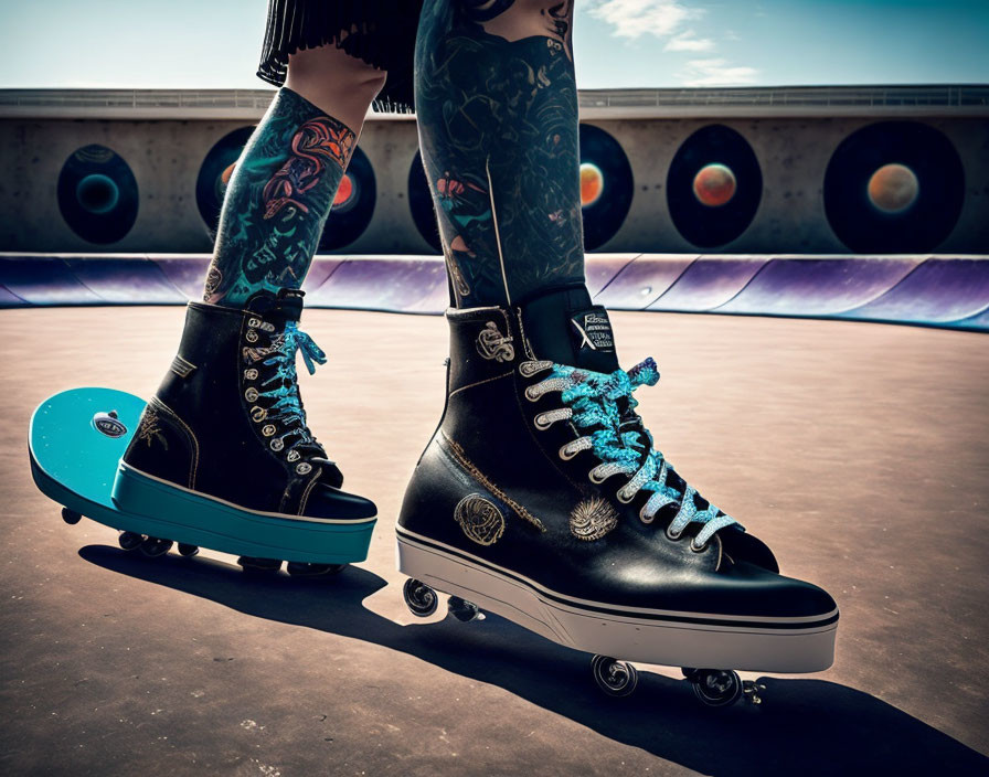 Tattooed legs in high-top roller skates at colorful skate park