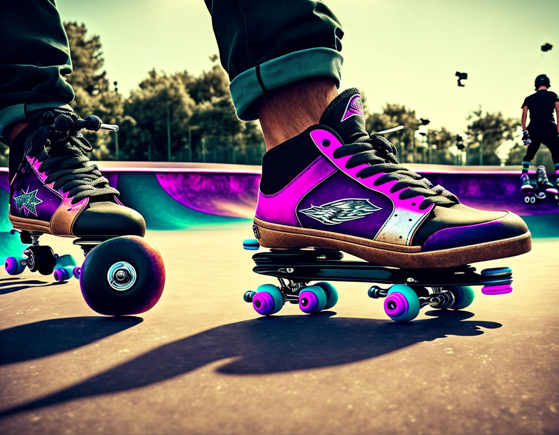 Close-up of vibrant roller skates with purple wheels at skatepark.