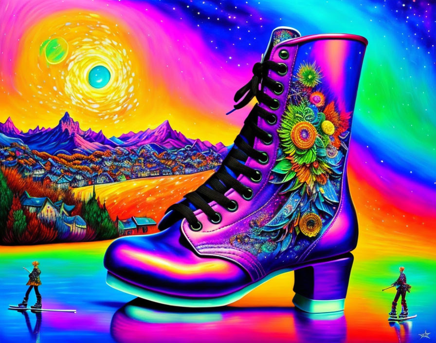 Colorful Psychedelic Boot Against Starry Sky and Mountain Landscape
