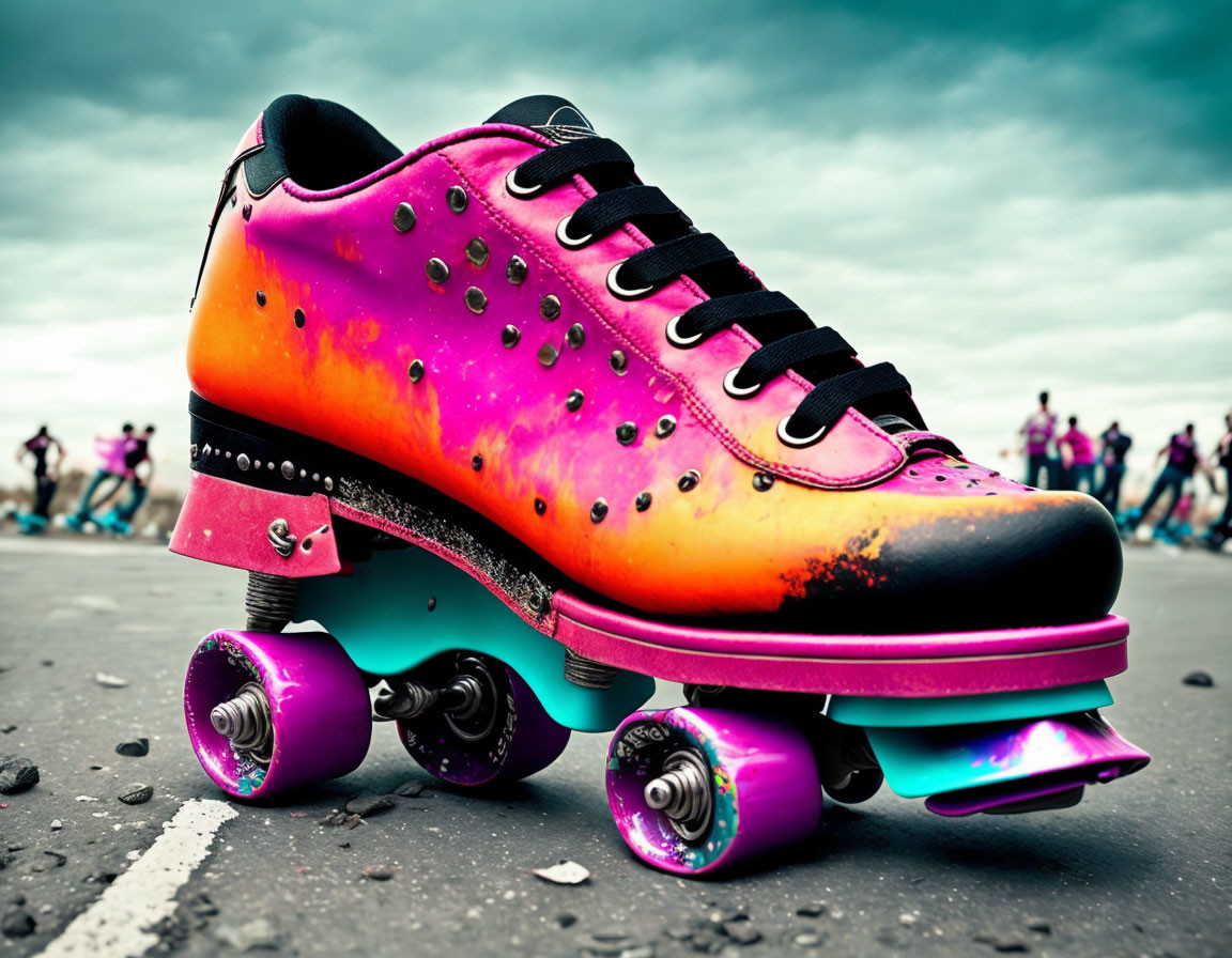 Colorful roller skate with pink wheels on asphalt under cloudy sky