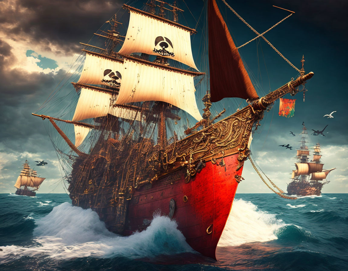 Pirate ships with skull sails in stormy seas under dramatic sky