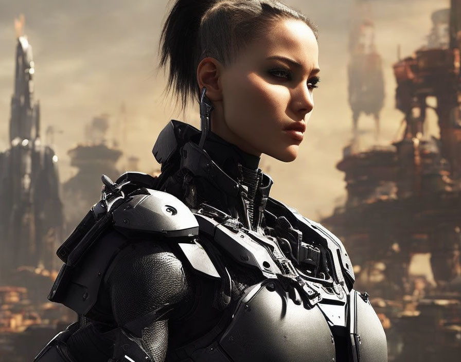 Detailed Close-Up of Female Cyborg in Black Armor with Cybernetic Parts and Futuristic Cityscape