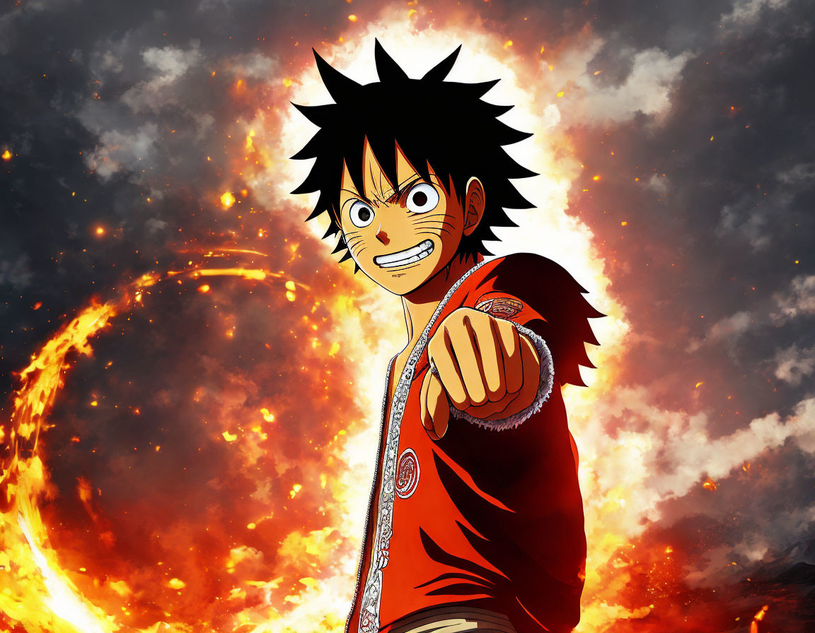 Spiky black hair character in red shirt with fiery background