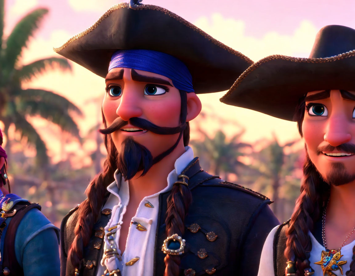 Expressive animated pirates in tricorne hats and ornate jackets under warm lighting