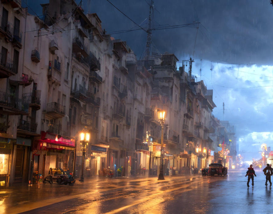 Rainy City Street at Night with Illuminated Shopfronts and Umbrella-Carrying People