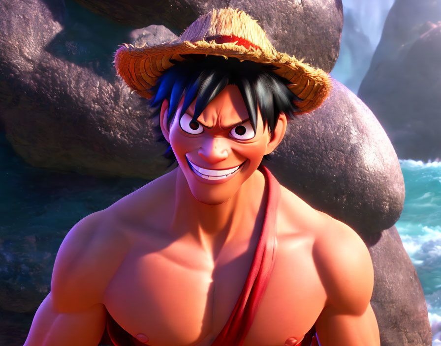 Animated character with black hair in straw hat and red scarf on rocky background