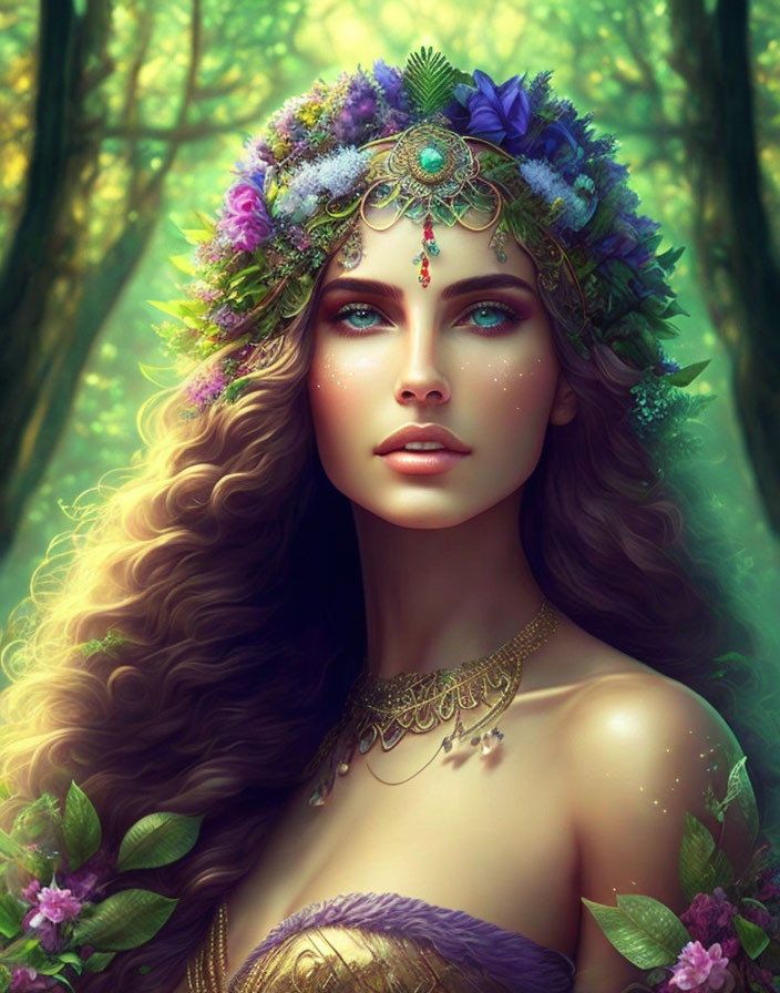 Digital artwork: Woman with curly hair and floral headpiece in mystical forest