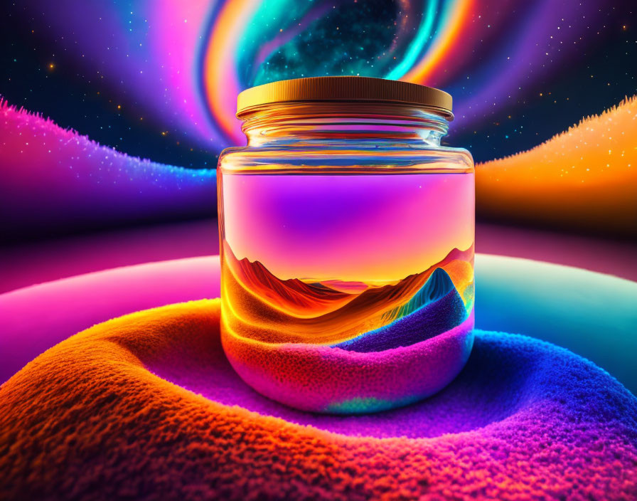 Colorful Glass Jar with Glowing Substance on Rainbow Surface