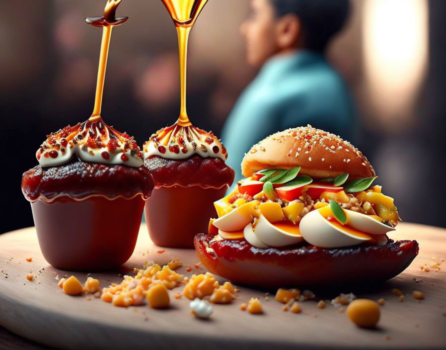 Sweet dessert burgers with caramel on wooden board