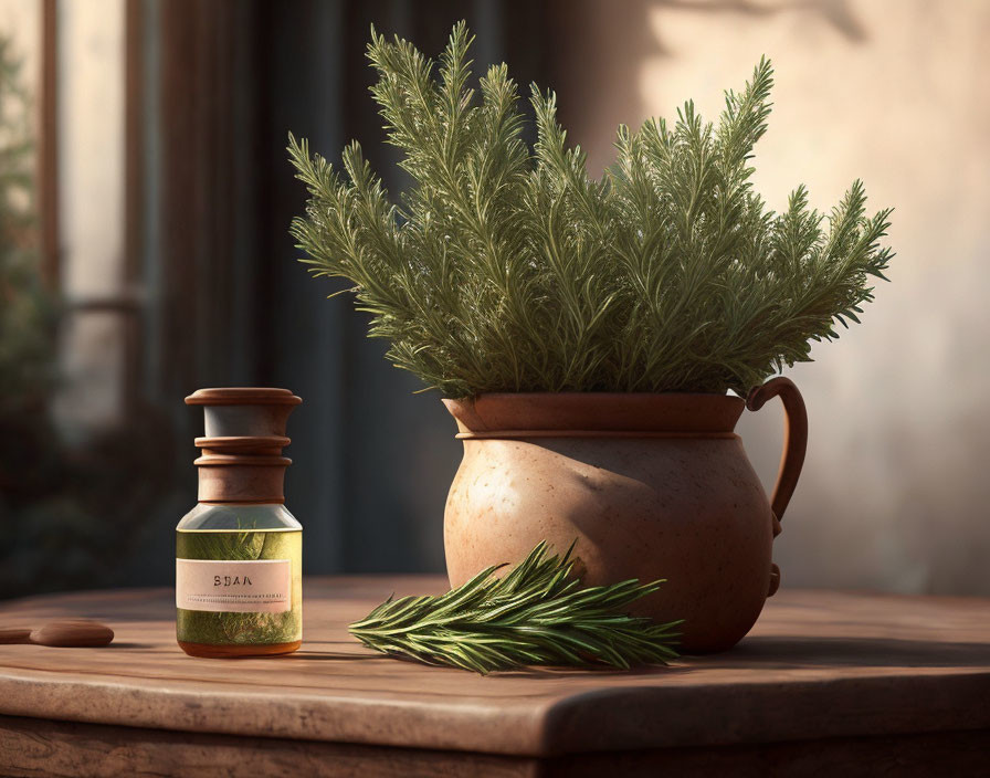 Terracotta pot with rosemary, essential oil bottle, and sprigs on wooden surface