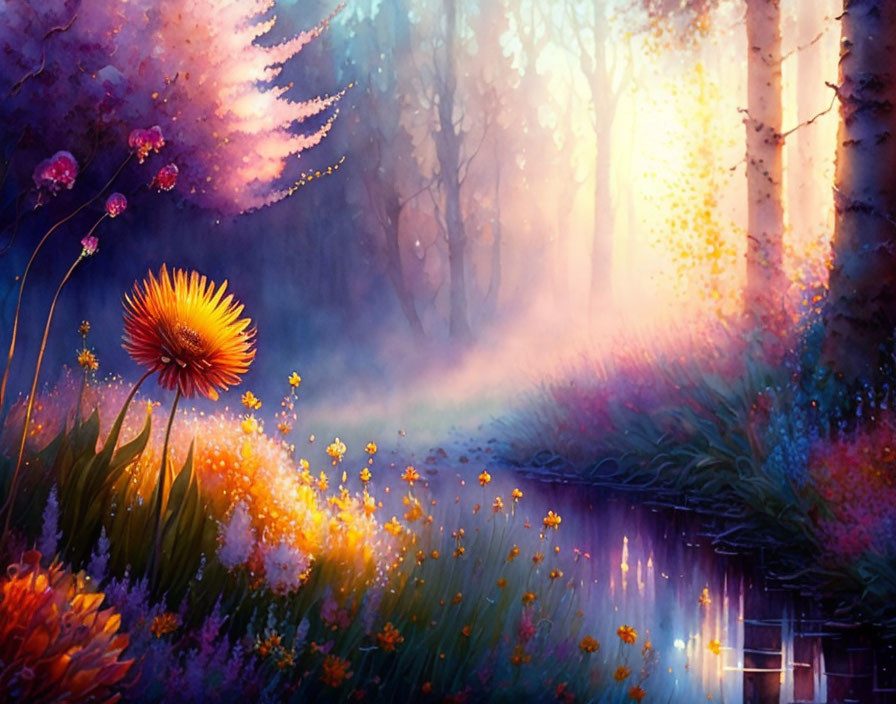 Colorful forest scene with sunlight and dandelion in misty background