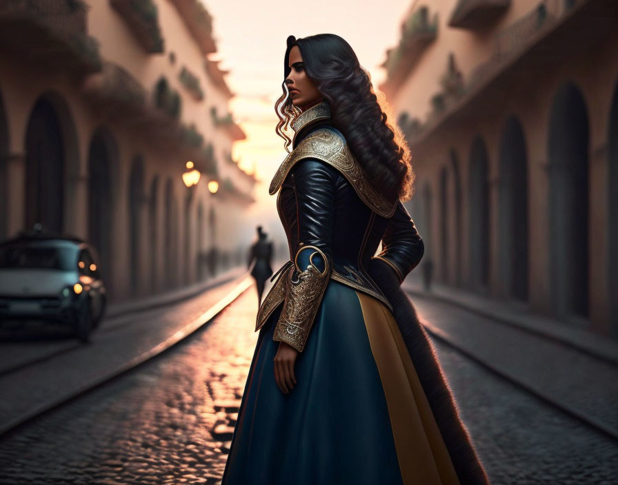 Stylized image of woman on cobblestone street with vintage car and street lamps