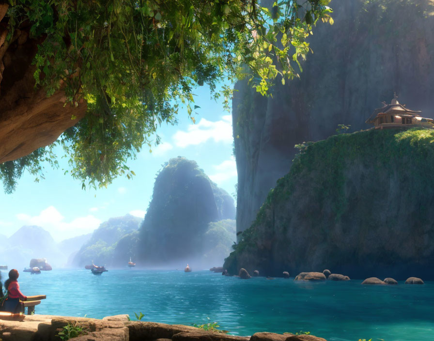 Tranquil landscape with person by water, misty island, boats, and cliff-top house.