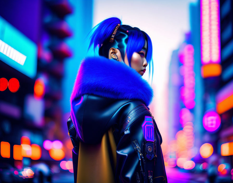 Blue-haired person in stylish leather jacket in neon-lit city streets at twilight