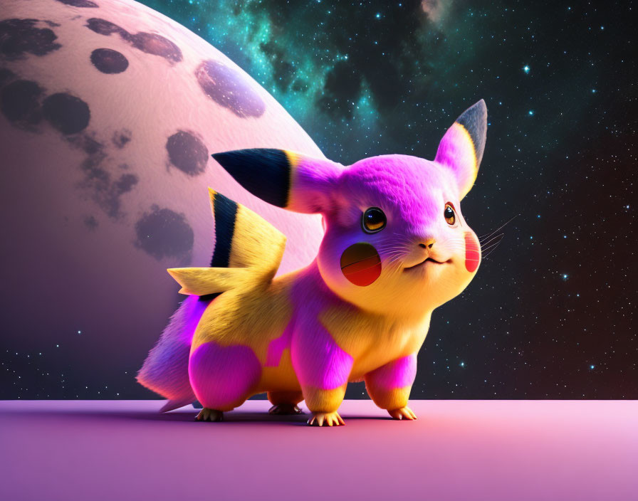 Colorful Pikachu with cosmic background: Moon and stars