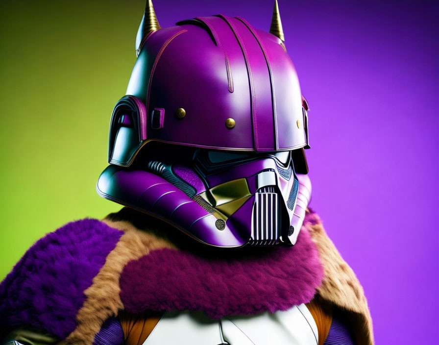 Person in Darth Vader-style helmet with purple and fur textures on vibrant background