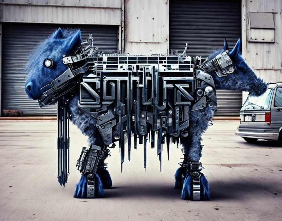 Mechanized animal artwork with horse head and metallic body.