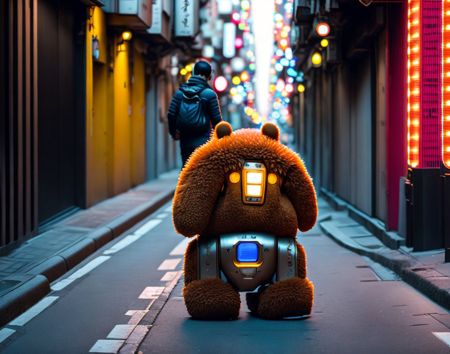 Person in Teddy Bear Costume Wanders Neon-Lit Alleyway