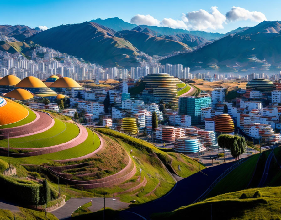 Vibrant modern cityscape with sports complex in lush valley surrounded by mountains